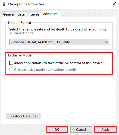 Aici, comutați la fila Avansat și deselectați casetele din modul Exclusiv. Apoi faceți clic pe Aplly și OK. Remediați Discord care nu detectează microfonul