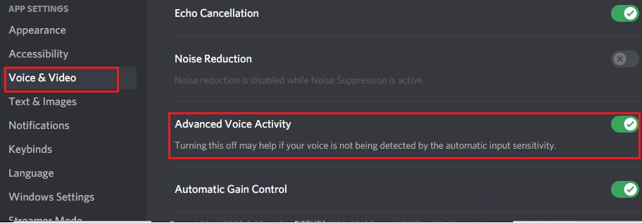 الآن ، قم بالتمرير لأسفل الشاشة اليمنى حتى ترى قسم النشاط الصوتي المتقدم. إصلاح Discord لا يكتشف الميكروفون