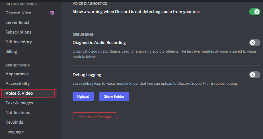 ตอนนี้เลื่อนลงไปที่หน้าจอหลักแล้วคลิกรีเซ็ตการตั้งค่าเสียง แก้ไข Discord Not Detecting mic