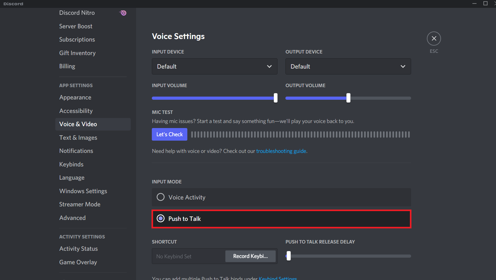 单击输入模式菜单中的一键通选项。如何在 Discord 上使用一键通