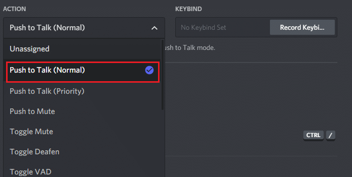 Wählen Sie nun die Push-to-Talk-Option. Behebung, dass Discord das Mikrofon nicht erkennt
