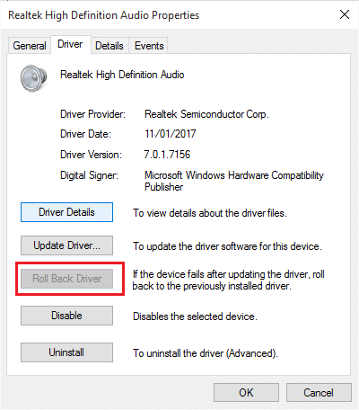 ภายใต้คุณสมบัติ High Definition Audio ให้คลิกที่ Roll back drivers