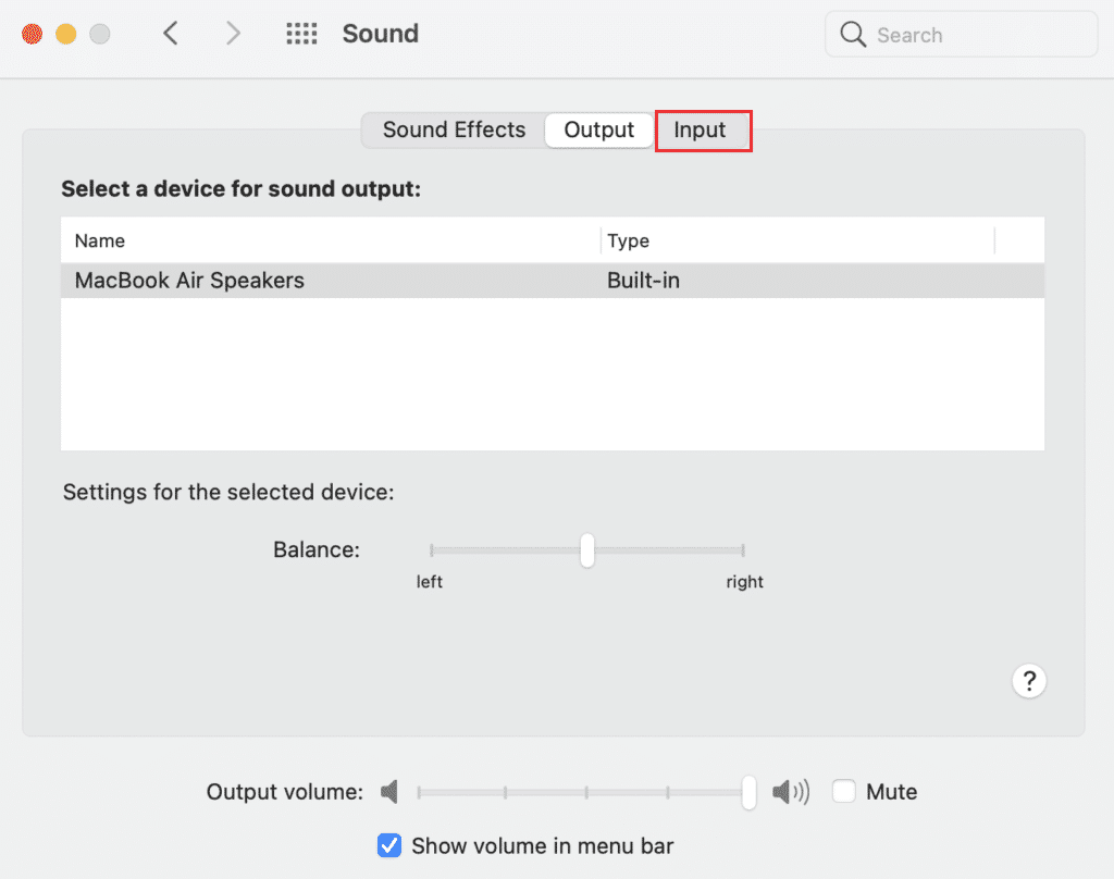 buka tab Input di Sound System Preferences di MacBook. Perbaiki AirPods atau AirPods Pro Terhubung Tapi Tidak Ada Masalah Suara