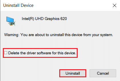 désinstaller l'invite de confirmation du pilote de périphérique pilote graphique intel UHD