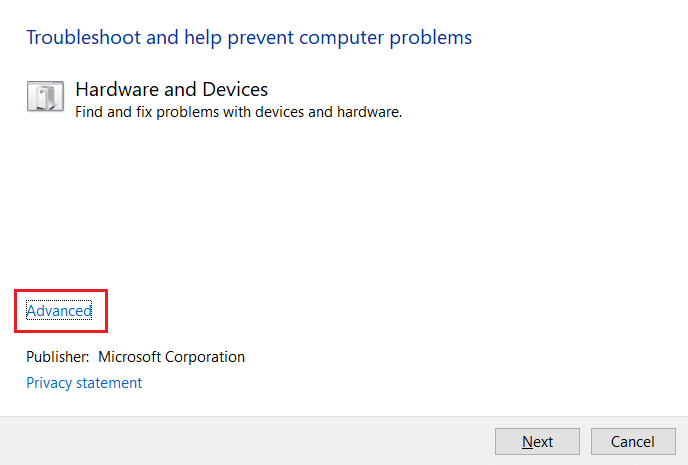 fare clic sull'opzione Avanzate in Risoluzione dei problemi di hardware e dispositivi