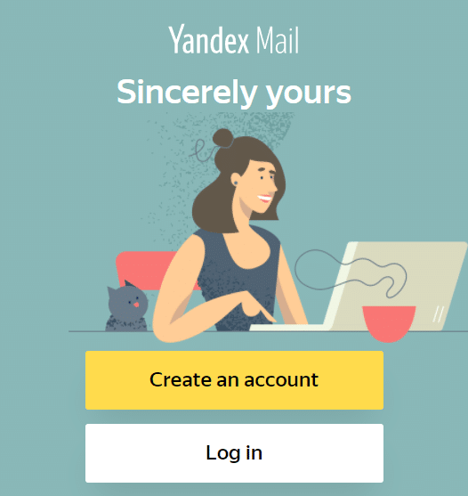 Página de inscrição para Yandex Mail