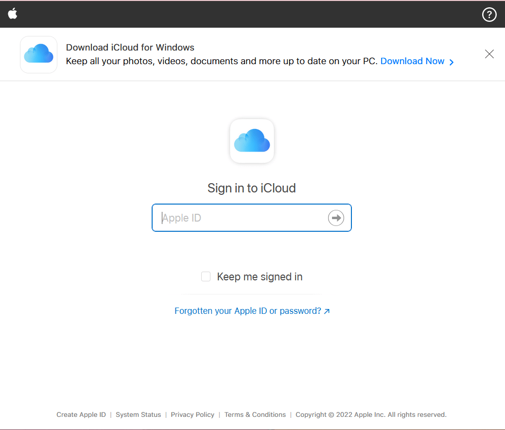 Página de inicio de sesión de iCloud