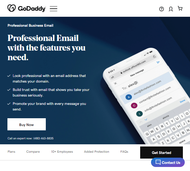 صفحة الاشتراك في خدمة البريد GoDaddy | أفضل حسابات البريد الإلكتروني للأعمال المجانية