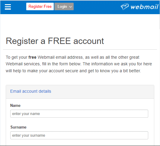 Página de registro de Webmail