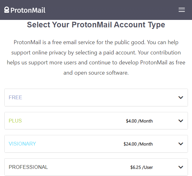 แผนและราคาสำหรับ ProtonMail