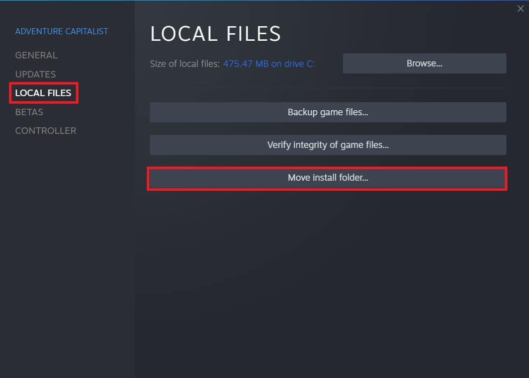 Agora vá para LOCAL FILES e clique na opção Move install folder…