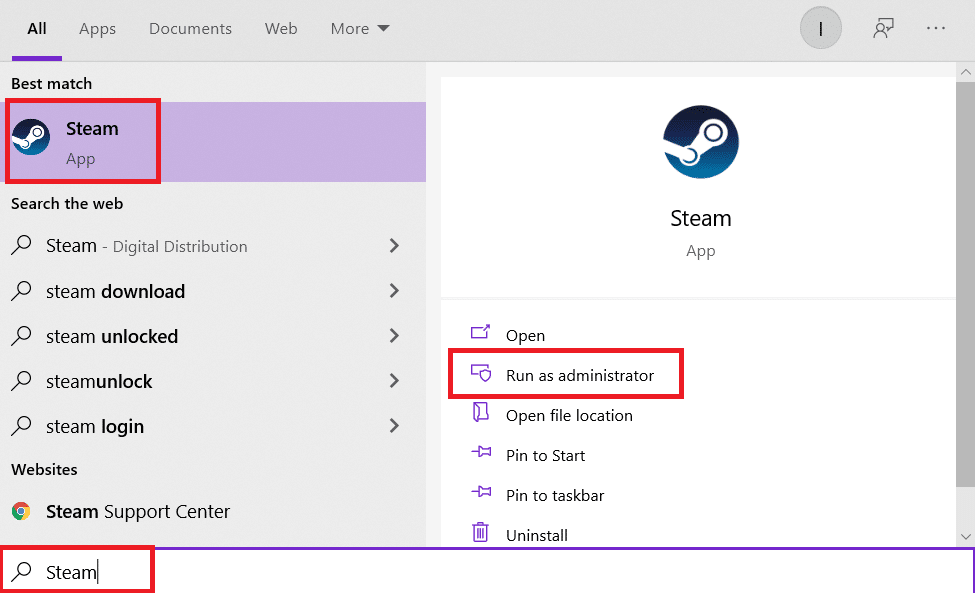 Wählen Sie Als Administrator ausführen aus dem Kontextmenü, wenn Sie mit der rechten Maustaste auf das Steam-Symbol klicken