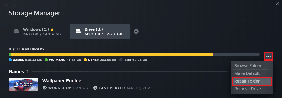 Daftar semua konten Steam Anda akan muncul. Klik pada tiga titik dan pilih Repair Folder dari menu konteks.