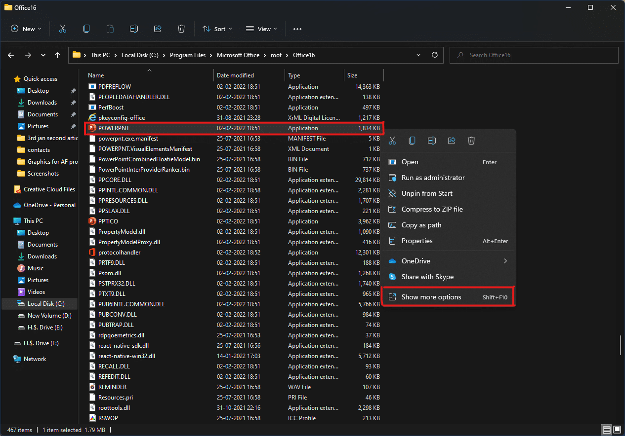 右鍵單擊PowerPoint應用程序並選擇顯示更多選項。如何在 Windows 11 上創建桌面快捷方式