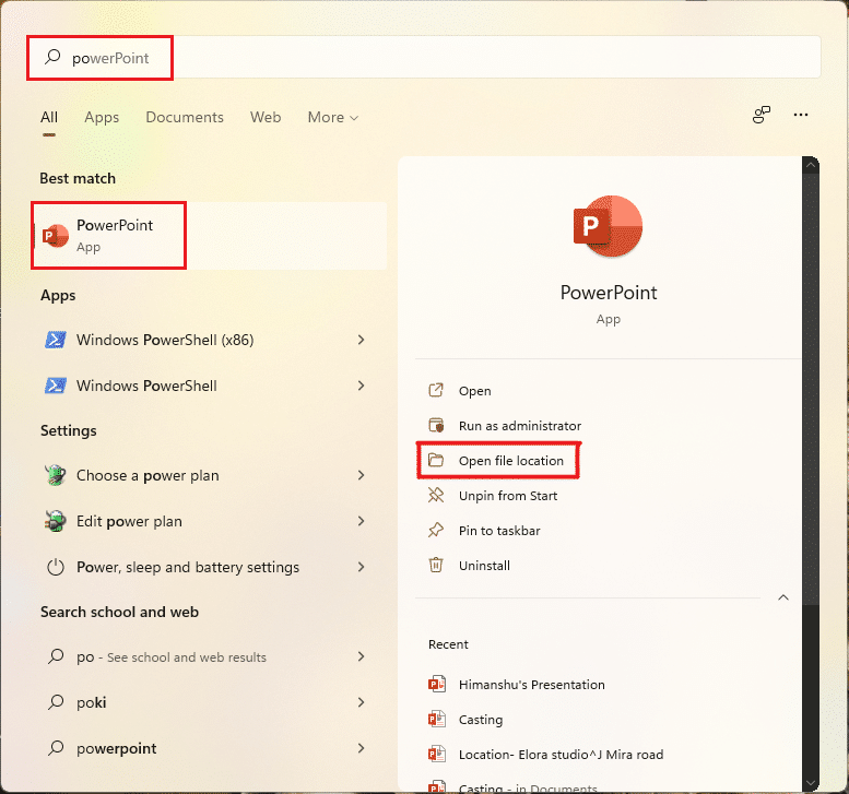 Wählen Sie die Option Dateispeicherort öffnen im Windows 11-Suchmenü für die Powerpoint-App