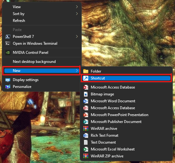 Şimdi Yeni seçeneğine gidin ve Kısayol seçeneğine tıklayın. Windows 11'de Masaüstü Kısayolları Nasıl Oluşturulur