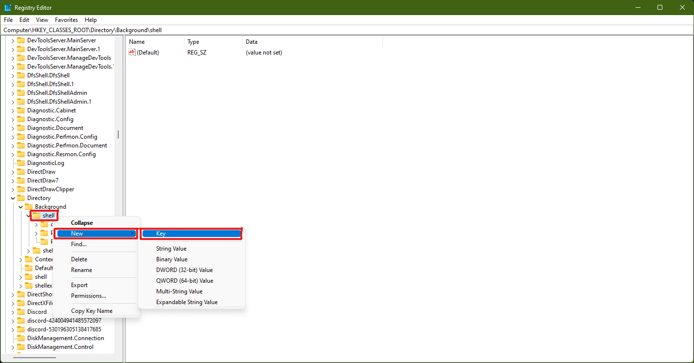 Shell 폴더를 마우스 오른쪽 버튼으로 클릭하고 새로 만들기를 가리킨 다음 키를 클릭합니다. Windows 11에서 바탕 화면 바로 가기를 만드는 방법