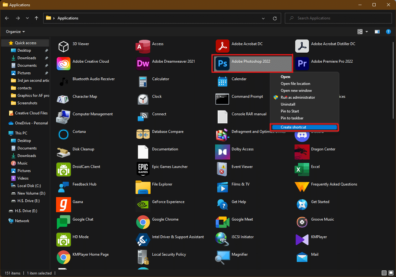 Klicken Sie mit der rechten Maustaste auf Adobe Photoshop und wählen Sie die Option „Verknüpfung erstellen“. So erstellen Sie Desktop-Verknüpfungen unter Windows 11