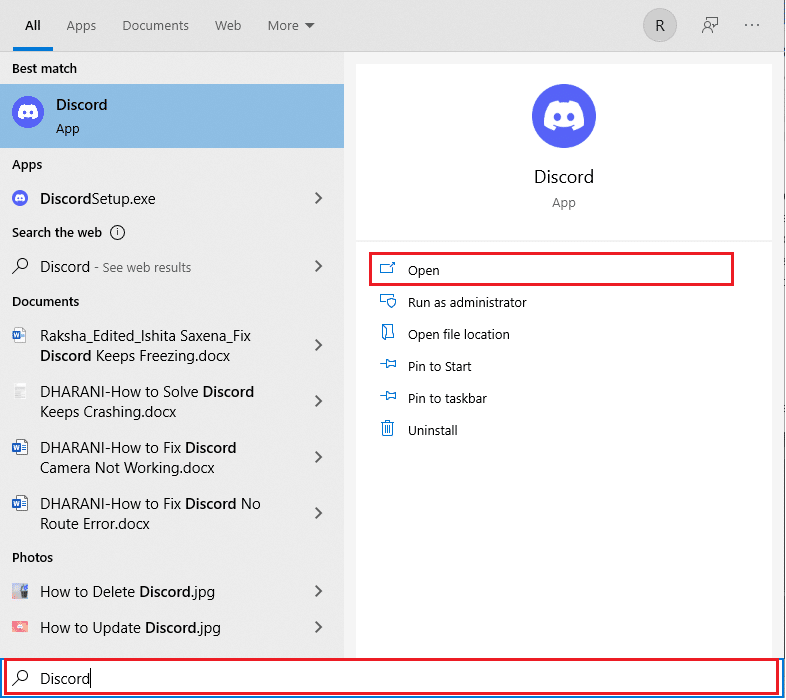 Wpisz Discord i kliknij Otwórz w prawym okienku. Napraw Discord Keeps Crash lub zamrażanie wideo