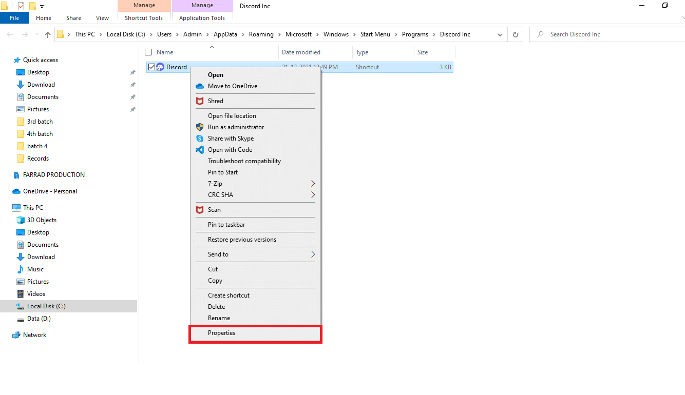 Ensuite, faites un clic droit sur l'application Discord et choisissez Propriétés. Fix Discord continue de planter ou de geler la vidéo
