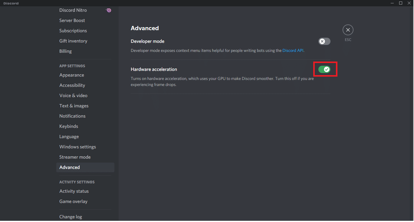 Disattiva l'accelerazione hardware che richiederà una finestra di conferma. Fix Discord continua ad arrestarsi in modo anomalo o a bloccare il video