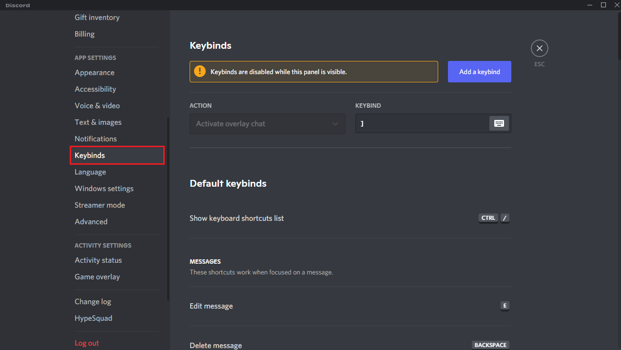 Gehen Sie im linken Bereich zur Registerkarte Tastenkombinationen. Fix Discord stürzt immer wieder ab