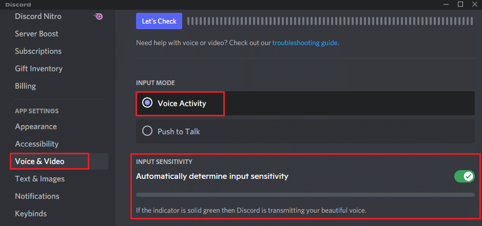 Schalten Sie die Option Eingangsempfindlichkeit automatisch bestimmen ein. Fix Discord stürzt ständig ab oder das Video friert ein