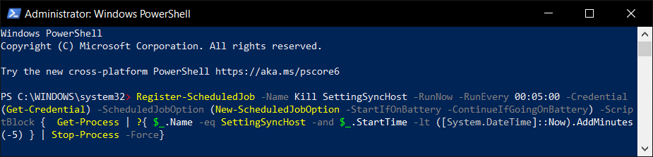 Polecenie Windows Powershell. Napraw proces hosta w celu ustawienia synchronizacji