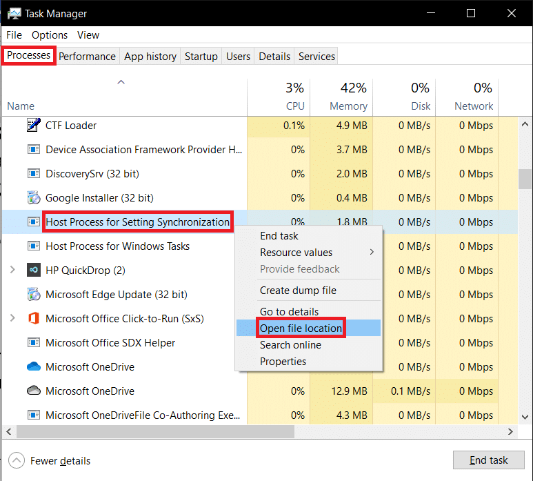 fila Procese din Task Manager. Remediați procesul gazdei pentru setarea sincronizării