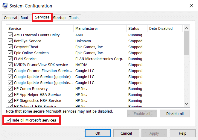 Clique na guia Serviços, marque a opção Ocultar todos os serviços da Microsoft. Corrigir o processo do host para configurar a sincronização