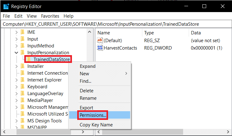 左側のナビゲーションペインでTrainedDataStoreを右クリックし、コンテキストメニューから[権限]を選択します