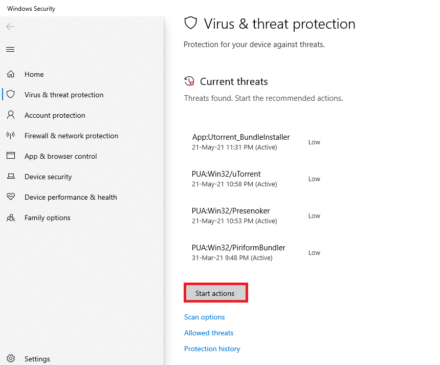 Cliquez sur Démarrer les actions sous Menaces actuelles. Correction du processus hôte pour la configuration de la synchronisation