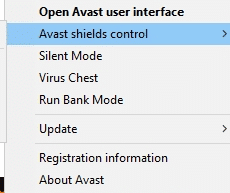 Wählen Sie nun die Option Avast Shields Control aus, und Sie können Avast vorübergehend deaktivieren. Korrigieren Sie den Hostprozess zum Einstellen der Synchronisierung