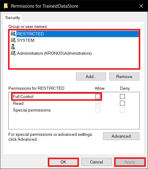 Un par un, choisissez Contrôle total pour chacun des groupes d'utilisateurs. Correction du processus hôte pour la configuration de la synchronisation