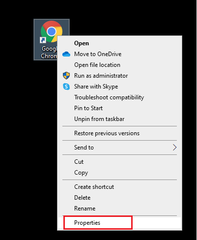 คลิกขวาที่ทางลัด Google Chrome บนเดสก์ท็อปแล้วคลิก Properties