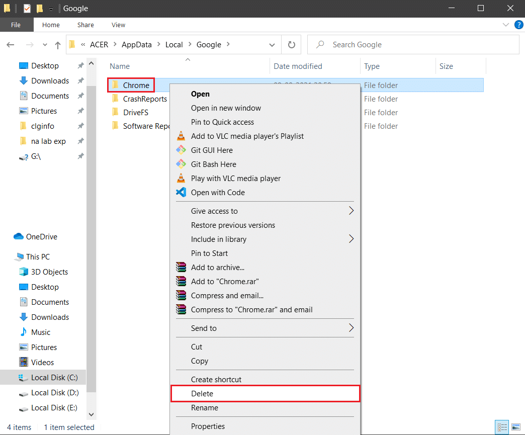 คลิกขวาที่โฟลเดอร์ Chrome แล้วเลือกตัวเลือกลบใน localappdata แก้ไข Google Chrome ไม่อัปเดต
