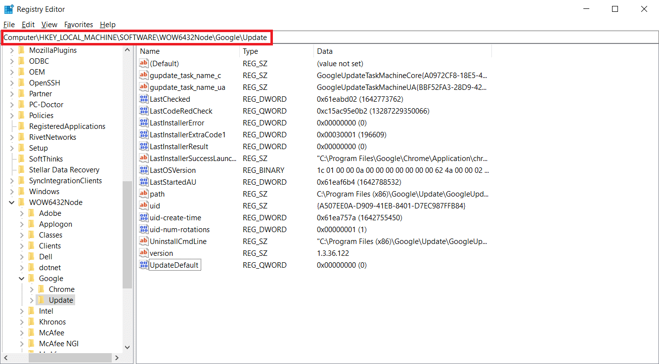 导航到谷歌，然后在注册表编辑器中更新密钥文件夹