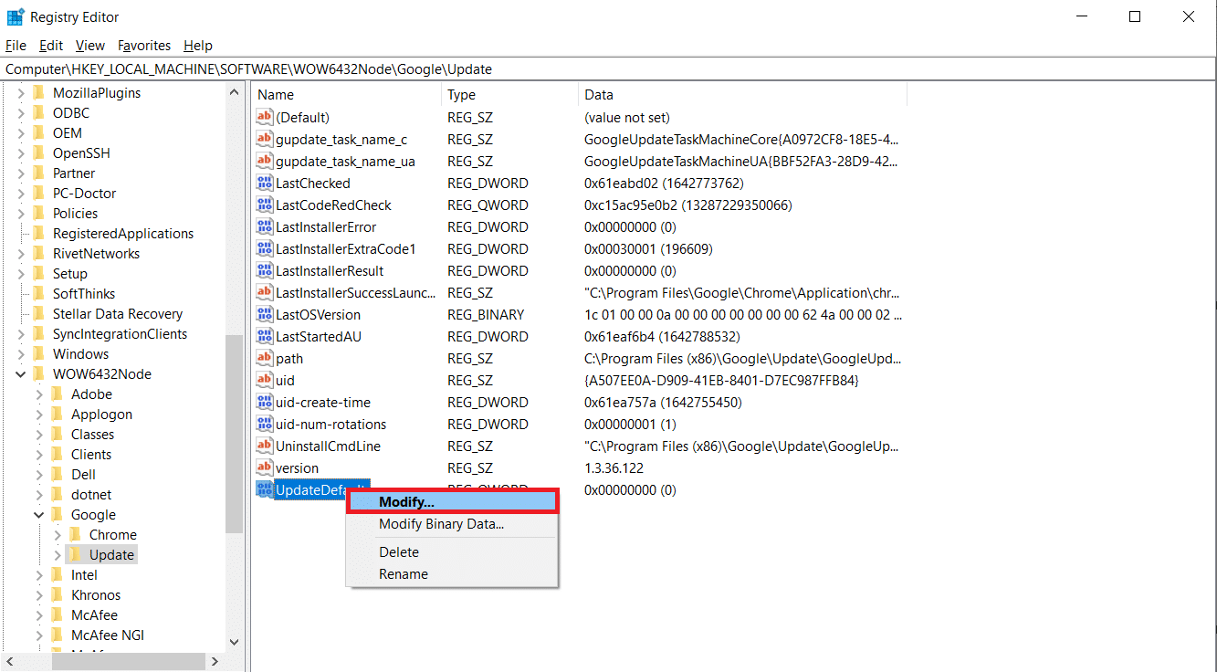 右鍵單擊 UpdateDefault 並選擇修改。修復谷歌瀏覽器不更新