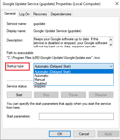 ثم قم بتعيين نوع بدء التشغيل على تلقائي. إصلاح عدم تحديث Google Chrome
