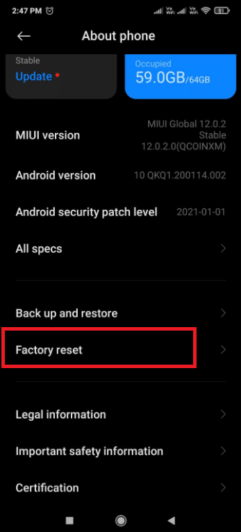 Ketuk Reset pabrik. Perbaiki Sistem Proses Tidak Merespons di Android