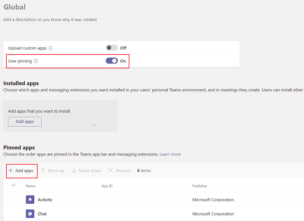 Activez Autoriser l'épinglage des utilisateurs, puis cliquez sur Ajouter des applications sous Applications épinglées