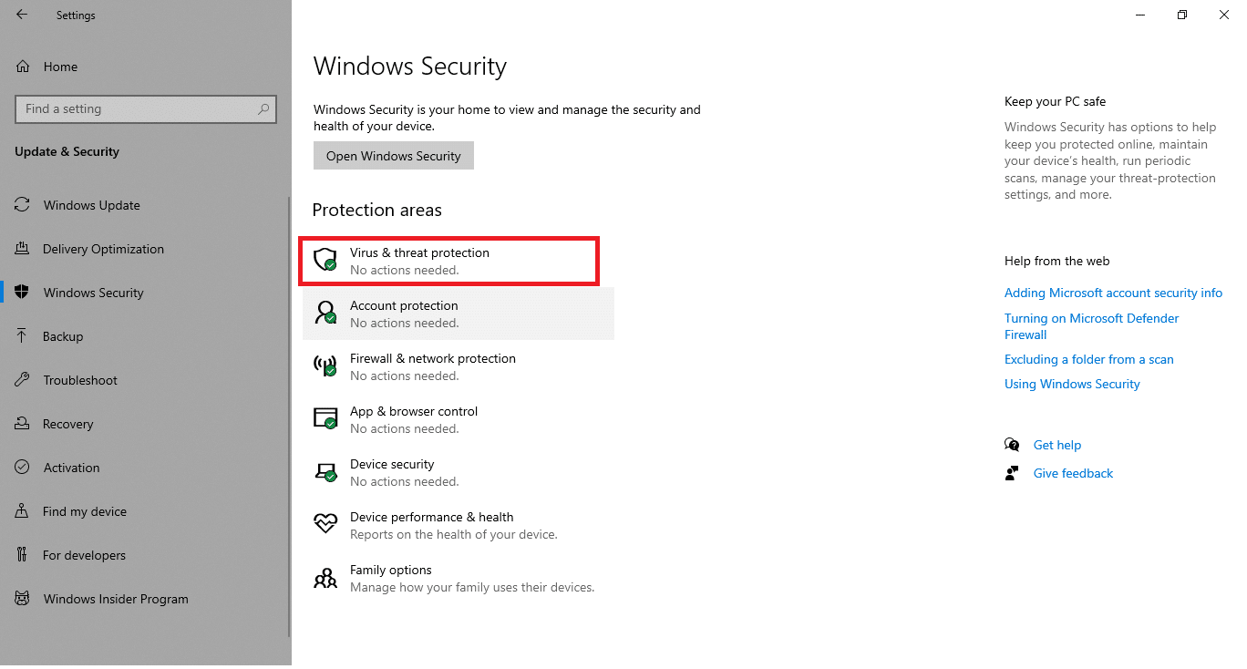 Cliquez sur l'option Protection contre les virus et menaces. Correction de la clé Windows désactivée