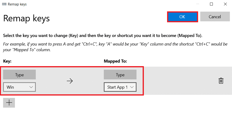 Sélectionnez l'option Gagner dans la catégorie Clé. Sélectionnez une fonction dans la catégorie Mappé vers. Cliquez sur OK.