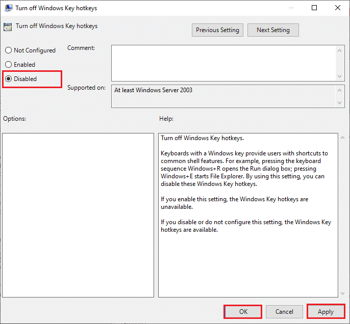 sélectionnez l'option Désactivé pour désactiver les raccourcis clavier Windows définissant l'éditeur de stratégie de groupe local