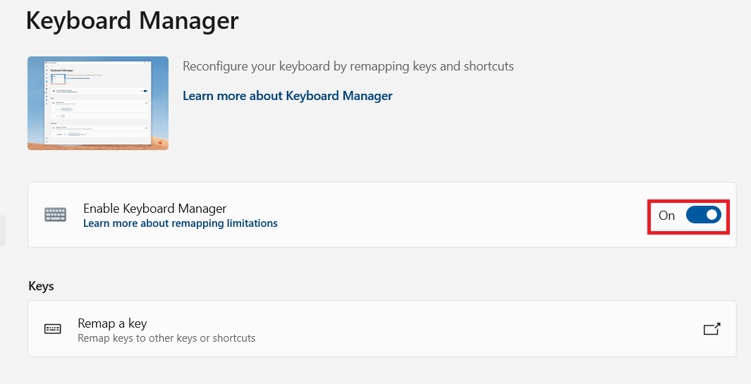 สลับไปที่ตัวเลือก Enable Keyboard Manager แก้ไข Windows Key Disabled