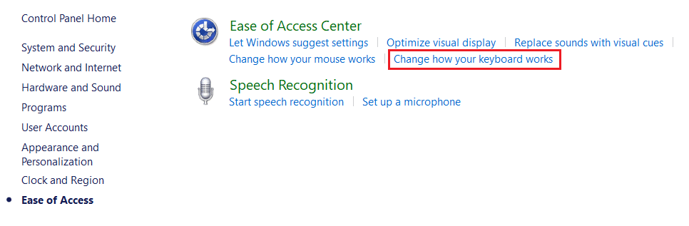 clique na opção Alterar como o teclado funciona na configuração do Painel de Controle de Facilidade de Acesso. Corrigir a chave do Windows desativada