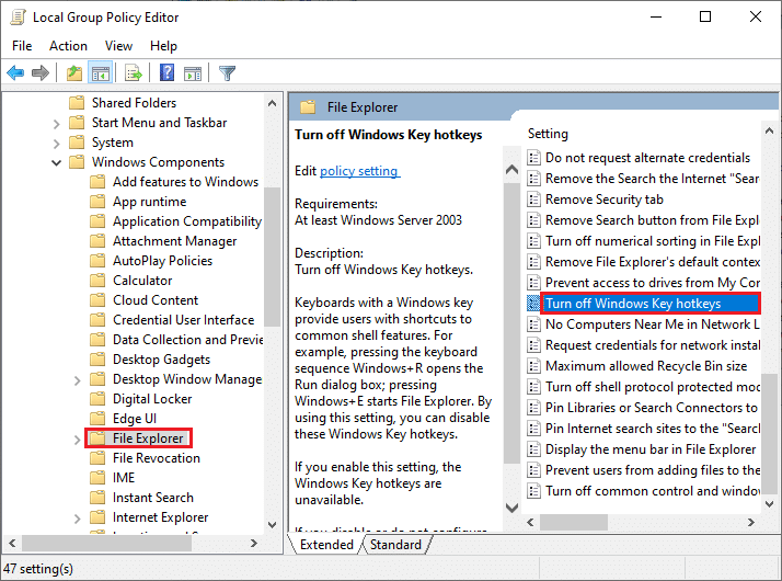 ดับเบิลคลิกที่การตั้งค่า Turn off Windows key hotkeys ในตัวแก้ไขนโยบายกลุ่มในเครื่อง แก้ไข Windows Key Disabled