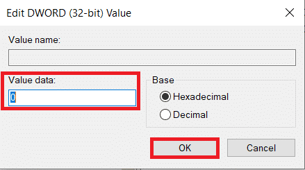 setați datele valorii ca 0 în Editați șirul de valori DWORD