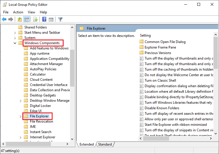 przejdź do Konfiguracja użytkownika, a następnie Szablony administracyjne i otwórz Składniki systemu Windows, a następnie folder Eksplorator plików w lokalnym edytorze zasad grupy