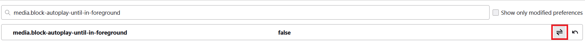 右隅の矢印キーをクリックして、設定をfalseに変更します。 YouTubeの自動再生が機能しない問題を修正